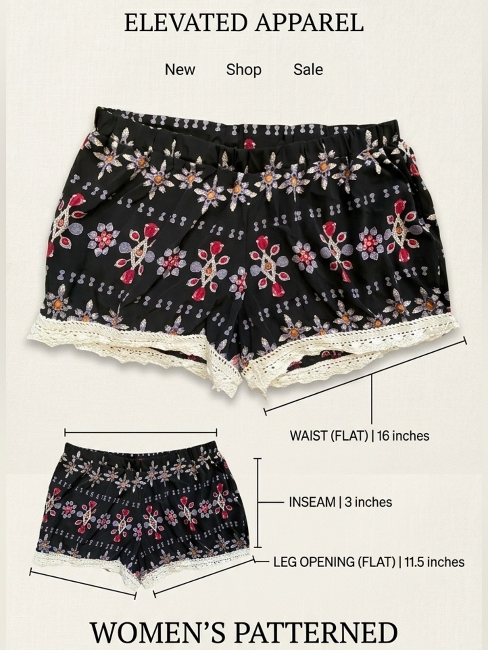 Women's Black Patterned Chino Sleep Shorts with Lace Trim